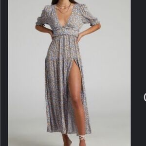 Showpo Luisella midi dress puff sleeve tiered blue ditsy floral